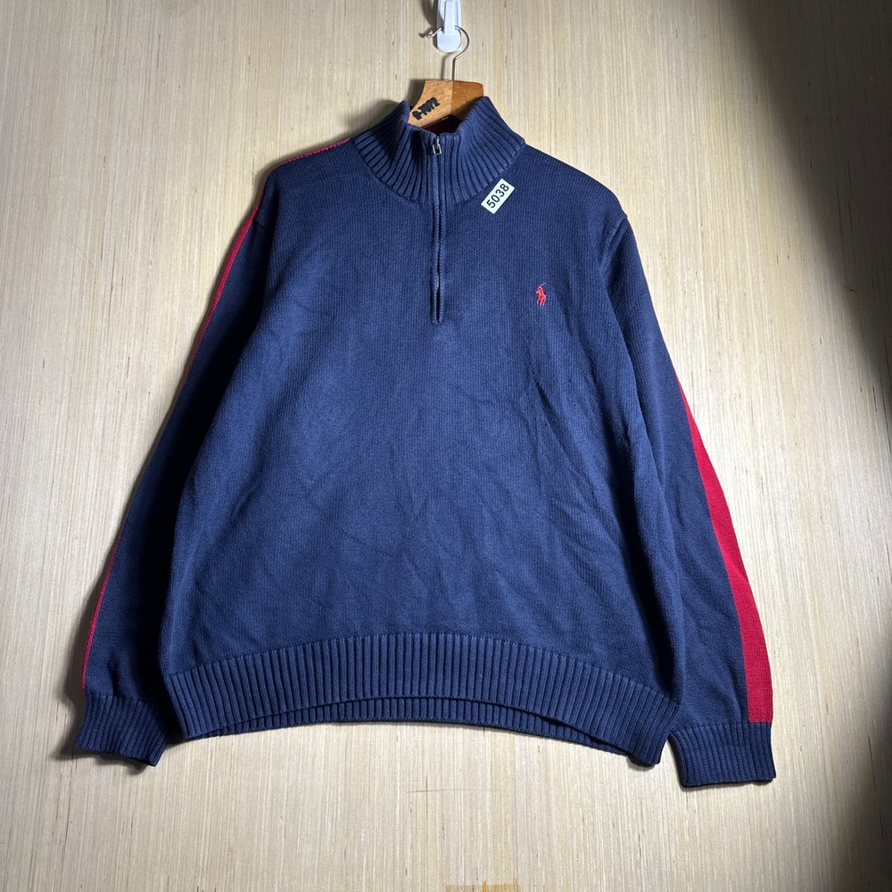 Vintage Polo Ralph Lauren Quarter Zip Mens XL Blue 90s Red Racing Stripe Sweater